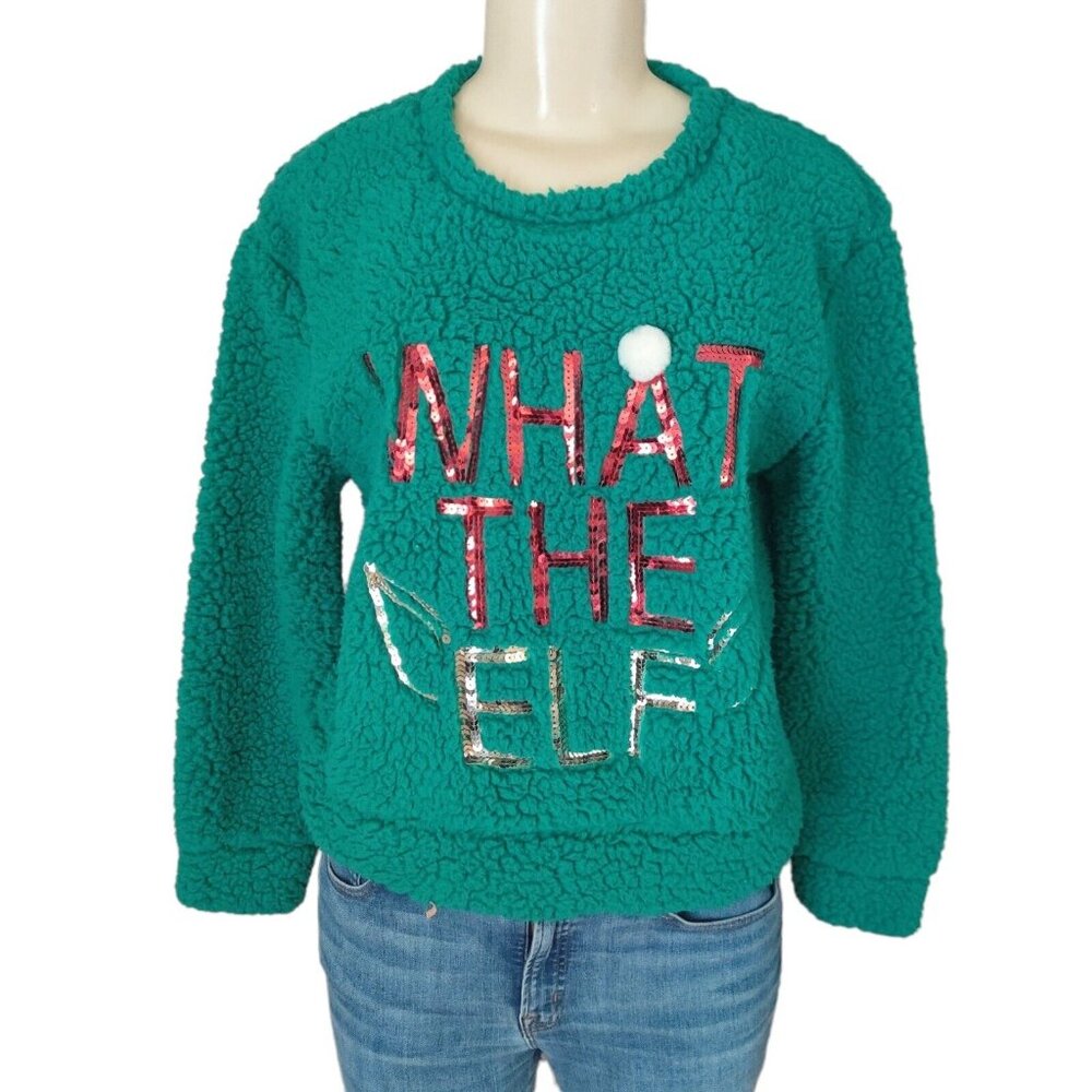 Wallflower Christmas Sweater Juniors Medium M Green Sherpa What The Elf Sequin